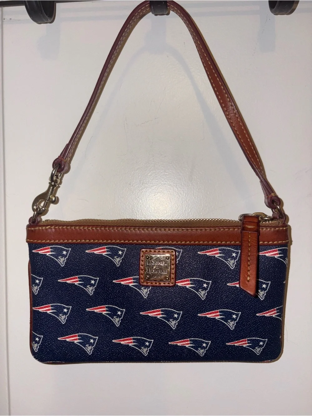 Dooney & Bourke Navy and Brown Logo Patch Wristlet